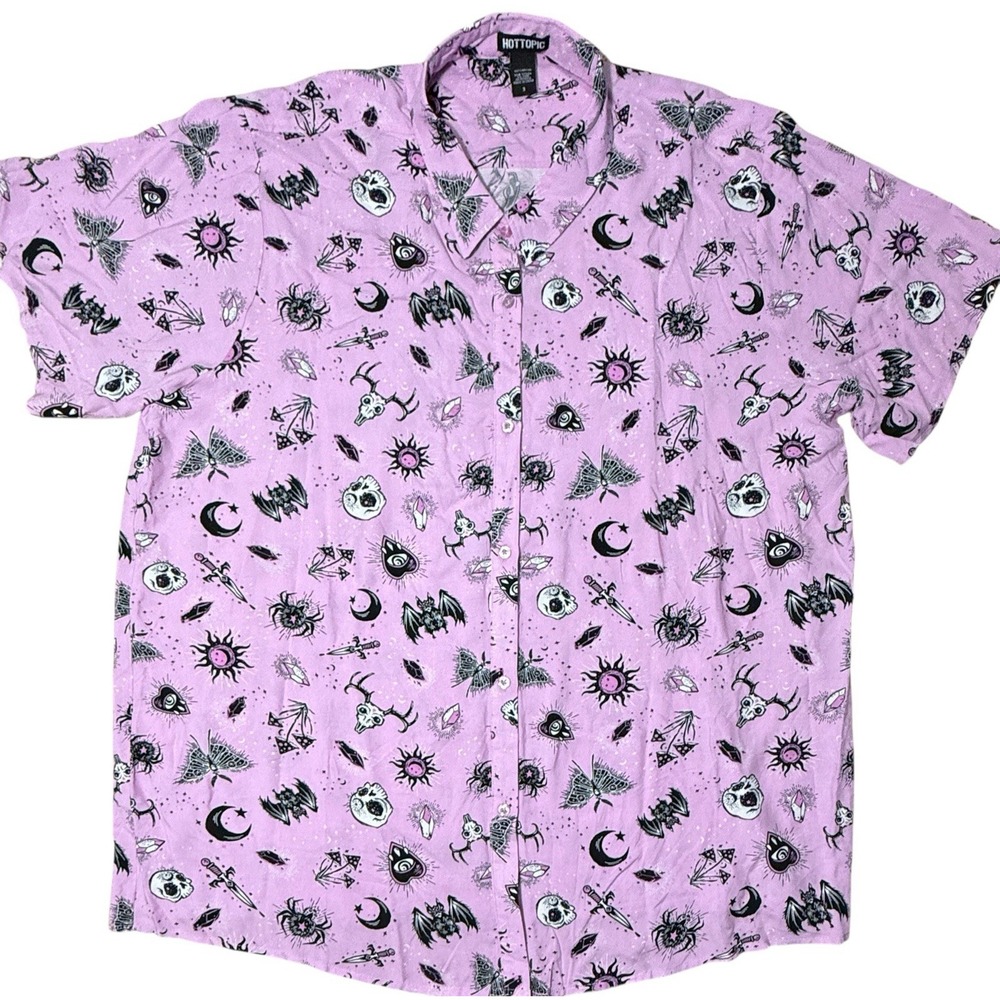 Hot Topic Goth Shirt Womens 3 Pink Button Down Celestial Bat Halloween Mystical